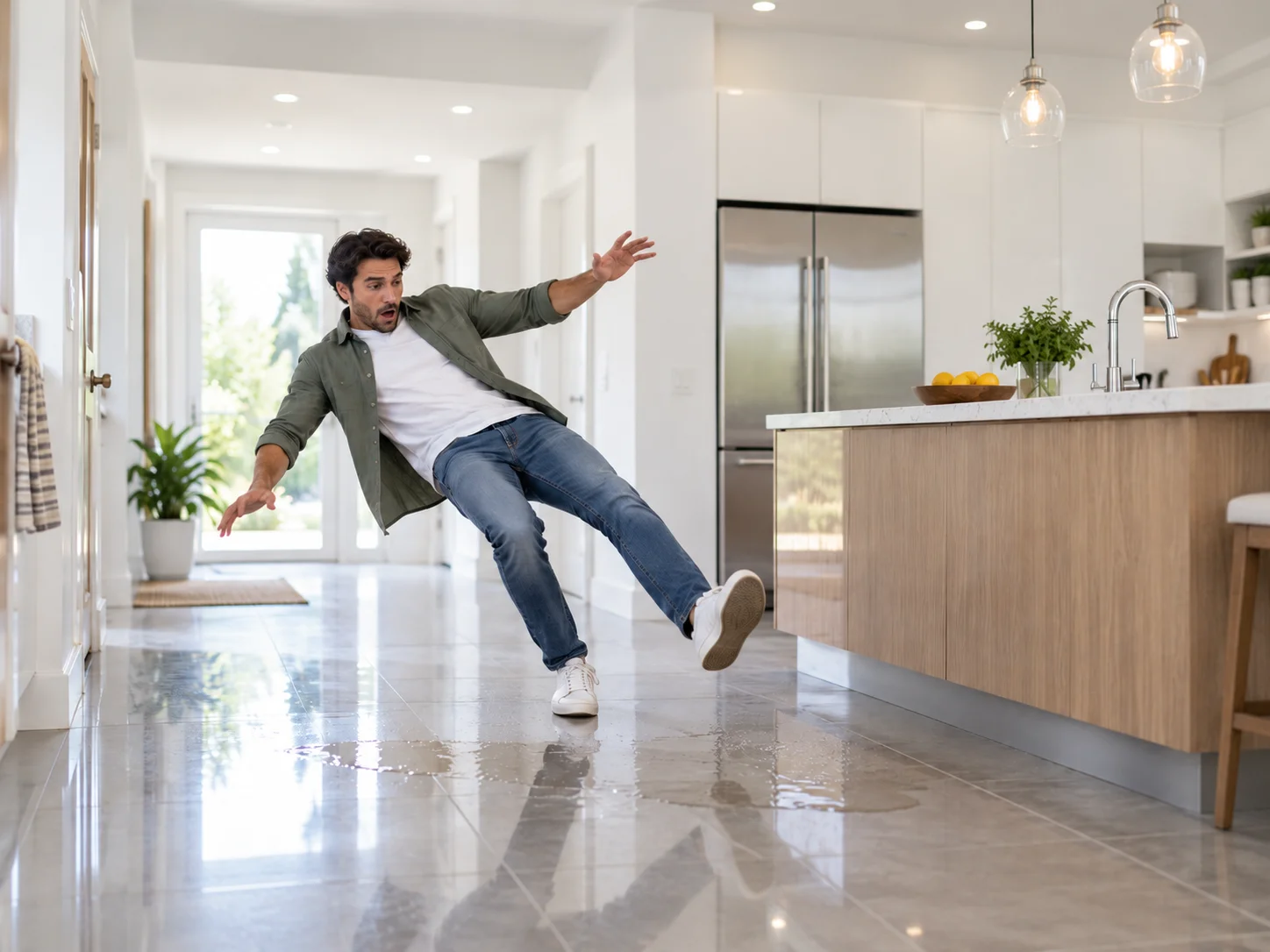 Person slipping on a wet floor